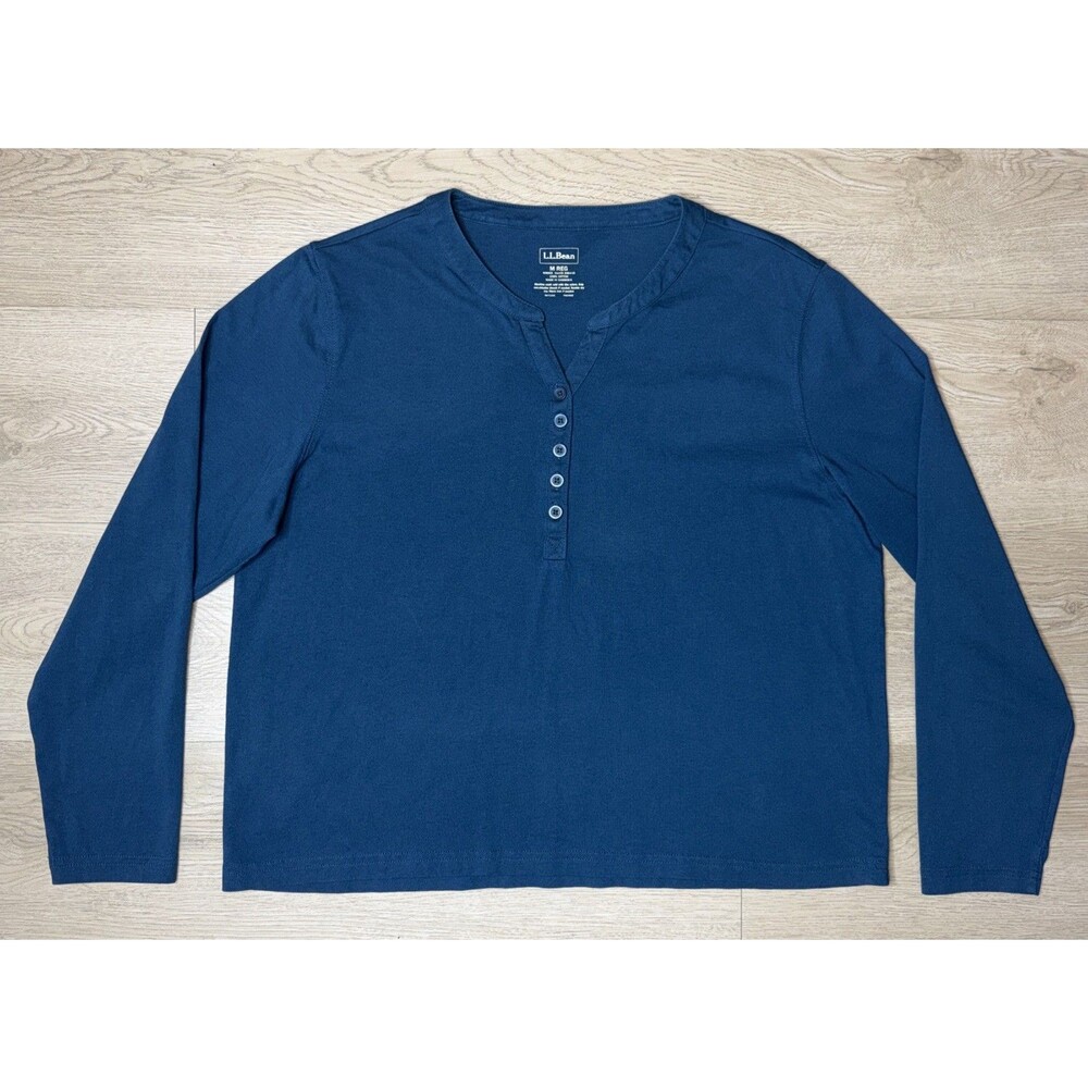 ⁠L.L. Bean Women's Medium Reg Long Sleeve Henley Shirt Teal Blue Cotton Button
